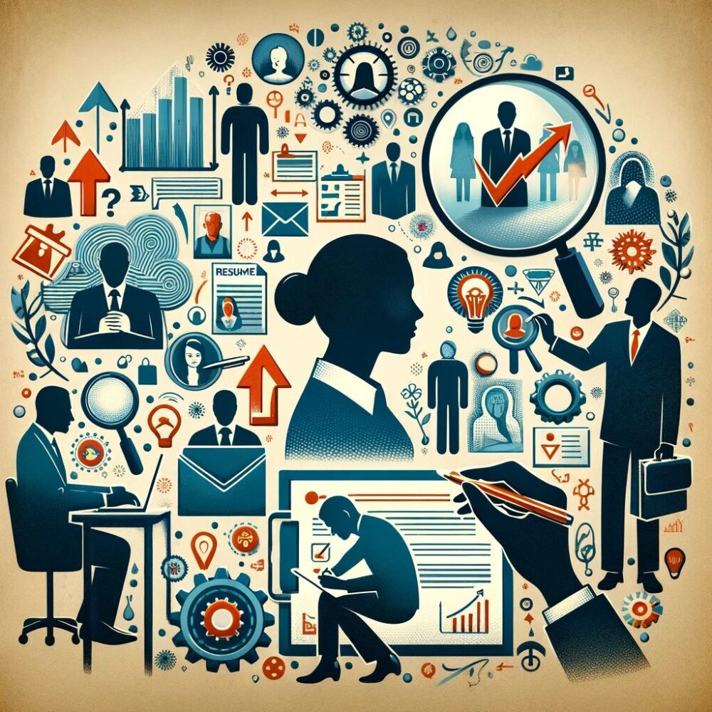Here's a visual representation of the concept of career change and preparation. This collage incorporates various elements depicting the journey of career change, including self-analysis, resume writing, job interviews, and consultation with a career agent, set against a background of symbols related to career growth and opportunity.