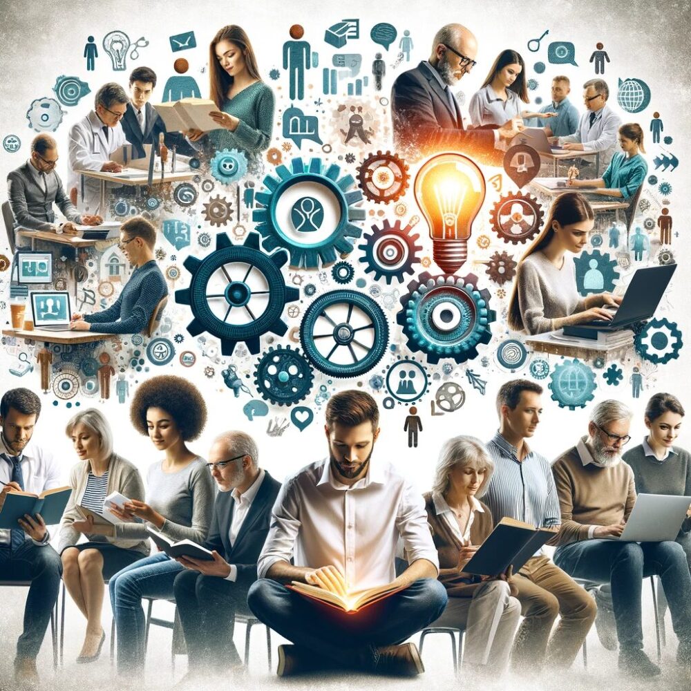 Here is a visual representation of the concept of skill improvement and lifelong learning. The collage shows a diverse group of people engaged in various activities related to personal and professional development. This includes someone attending an online course, reading a book on skill development, participating in a workshop or seminar, and receiving guidance from a mentor or coach. The background with symbols like gears and light bulbs symbolizes the process of learning and innovation.