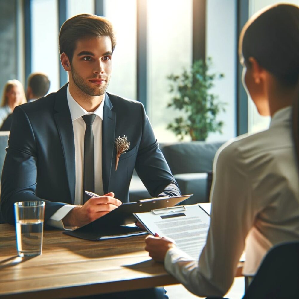 The image illustrates a job interview scenario in a professional setting, capturing the essence of preparation, communication, and evaluation that are crucial in such important career moments.