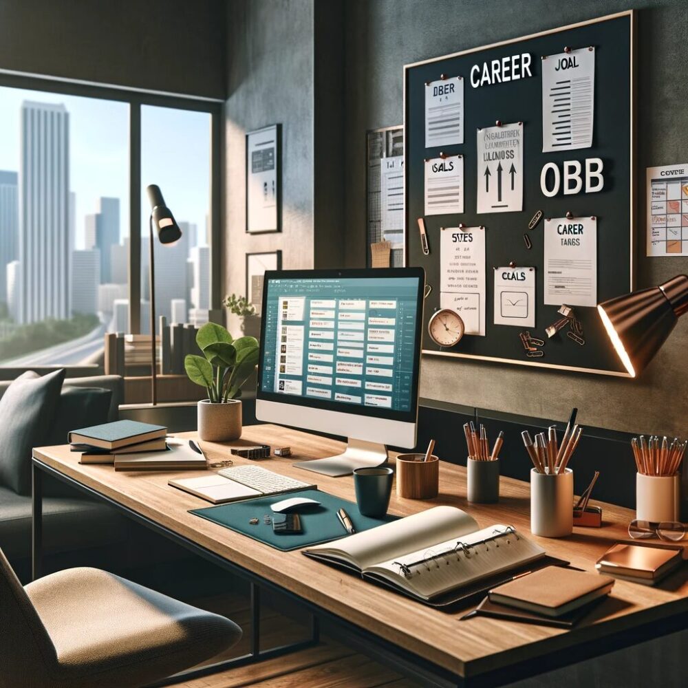 Here is an image representing a modern home office setup for someone planning a career change. The office includes various elements such as a desk with a computer, a notebook and pen for taking notes, a planner outlining career goals, and a board displaying job listings and career paths. This setting is designed to be organized and inspiring, reflecting the process of changing careers from self-analysis to interview preparation.