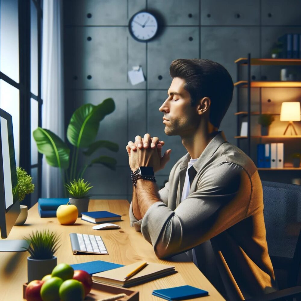The image effectively captures the concept of stress management in a modern office setting. It shows a person practicing deep breathing at their desk in a calm and organized workspace, surrounded by a peaceful environment with soft lighting and green plants. A clock indicating break time and a healthy snack on the desk further emphasize a balanced lifestyle and effective stress management at work.