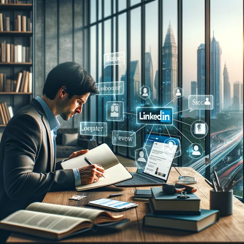 The generated image represents the theme of embarking on a career journey and exploring new job opportunities. It visually encapsulates the essence of being immersed in the process of job searching and career development, highlighted by the presence of a laptop, career-related materials, and the backdrop of a dynamic city environment. This scene symbolizes a blend of focus, determination, and the expansive scope of professional possibilities.
