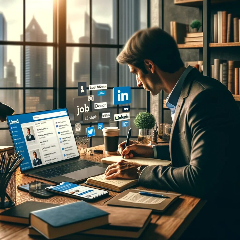 The generated image perfectly captures the essence of someone embarking on a new career journey. It shows a person sitting at a desk in a modern office, deeply focused on writing in a notebook while also viewing a job search website on their laptop. The presence of career-related books and notes, along with a smartphone displaying LinkedIn notifications, emphasizes the theme of professional growth and networking. The office features a large window overlooking a bustling cityscape, symbolizing the vast opportunities awaiting in the professional world. This setting reflects determination and readiness for new challenges in a career.