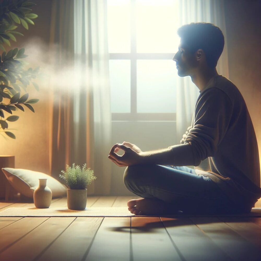 The image depicts a person sitting in a tranquil and serene setting, practicing deep breathing exercises as a method of stress reduction. The environment is a quiet room with soft lighting and a few indoor plants, creating a calming atmosphere. The individual appears focused and relaxed, symbolizing the importance of finding quiet moments for relaxation and stress management in everyday life.
