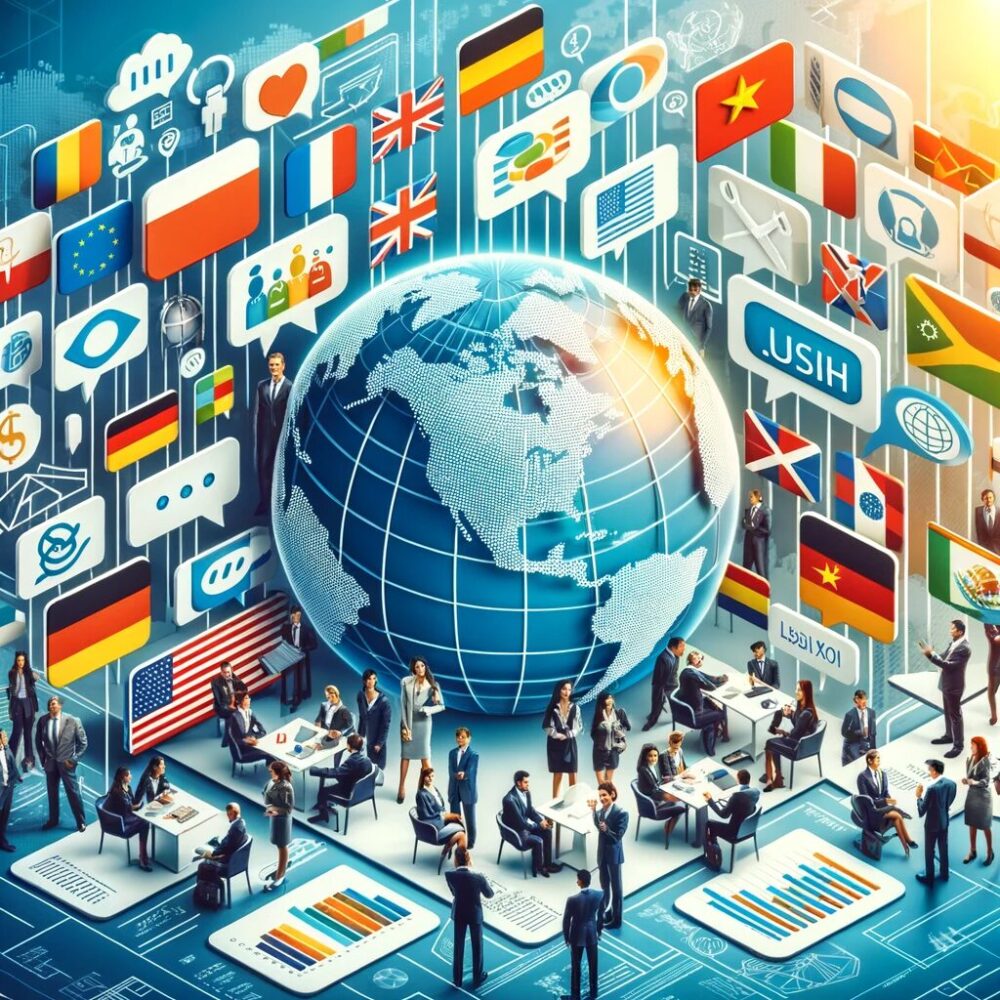 The image above is designed as a cover for a blog article about the importance of Business English in the global economy. It features elements like globes, flags of different countries, and communication symbols, highlighting the global nature of business communication. Additionally, it includes images of people from diverse backgrounds engaging in business activities, such as negotiations, meetings, and presentations, showcasing the need for effective Business English skills. The vibrant and globally inclusive color scheme reflects the diverse and interconnected world of international business.