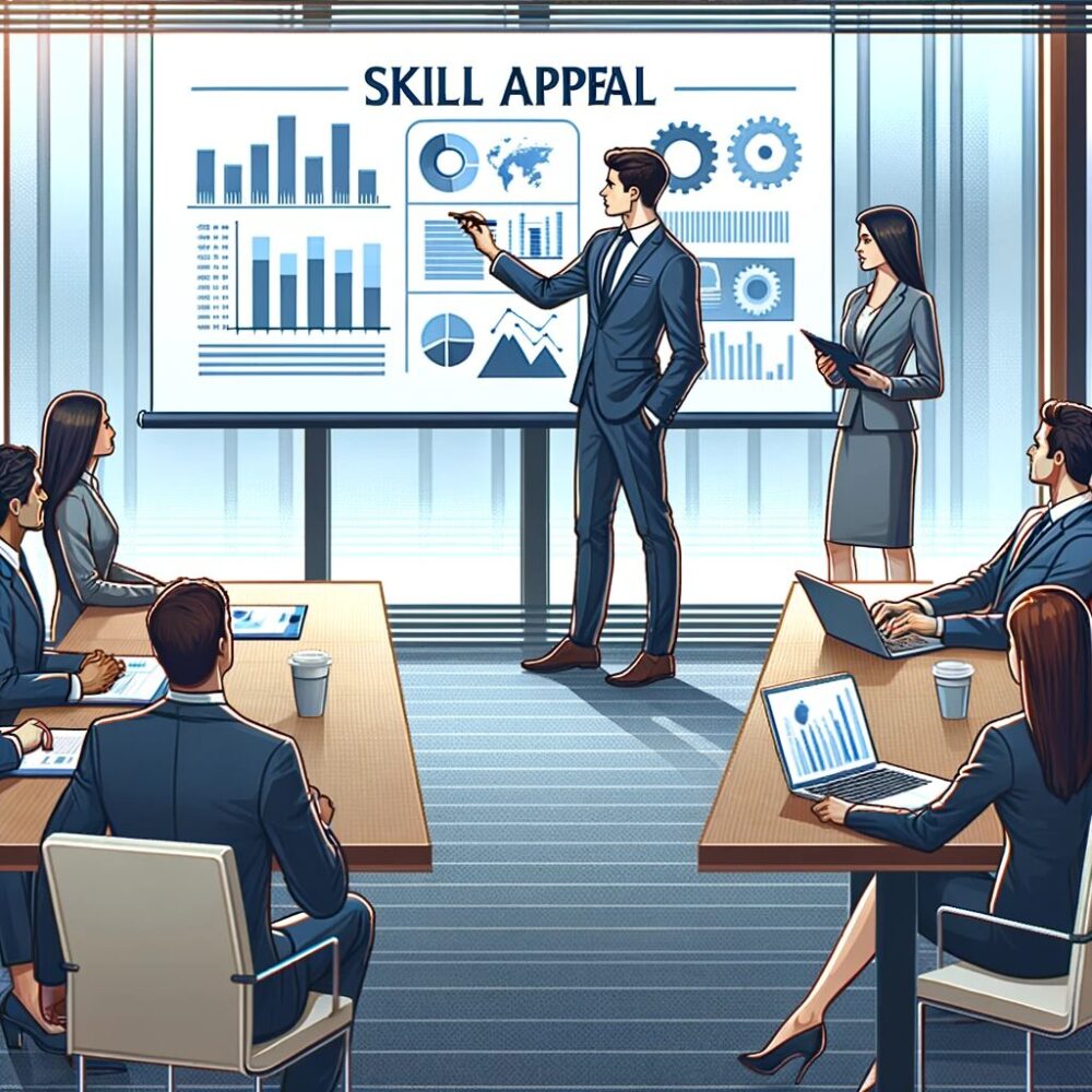 The image effectively captures a professional setting where an individual is showcasing their skills and expertise. In the meeting room, the confident presenter uses visual aids like charts or a laptop to demonstrate their achievements or project successes. The audience, composed of diverse professionals, appears engaged and impressed by the presentation. This scene vividly represents the concept of skill appeal in a modern and professional workplace environment.