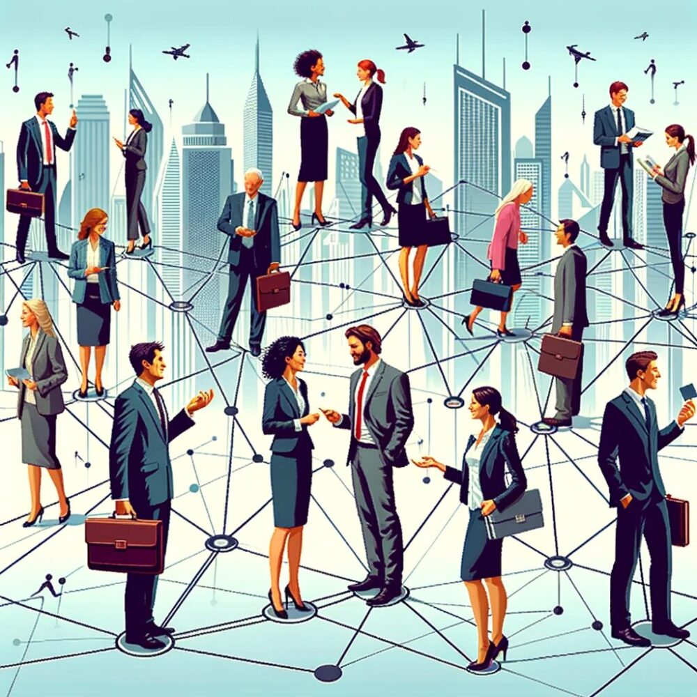 The image above serves as a cover for a blog article about the significance of professional networking in career development. It portrays a network of interconnected people, symbolizing a dynamic professional network. The image includes diverse professionals in various business attire, engaging in conversations, exchanging business cards, and collaborating, set against a background of cityscapes or corporate buildings that represent the business world. The vibrant yet professional color scheme illustrates the lively and fruitful nature of professional networking.