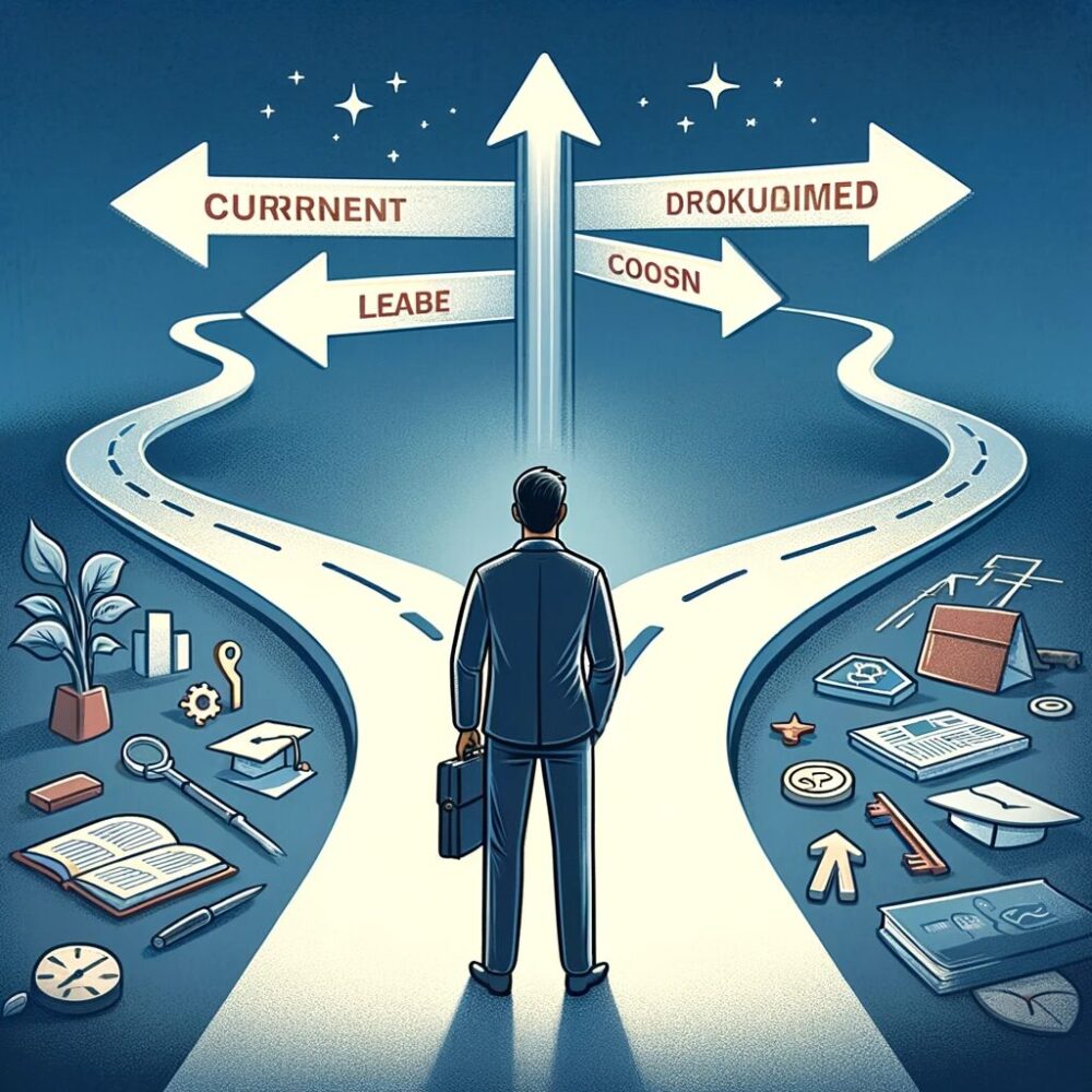 This is an image that visually expresses the concept of changing jobs. It depicts a person at a crossroads, contemplating a decision between the familiar path that represents his current profession and the new, unexplored path that represents a different career. This scene captures the essence of transition, opportunity, and personal growth that comes with a major career change.