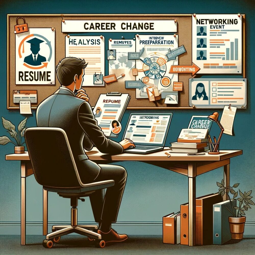 Here is a visual representation that illustrates the preparation for a career change. It depicts an individual engaged in various activities related to career transition, such as self-analysis, resume writing, interview preparation, and networking, set in a space that symbolizes a focused and organized approach to navigating this important phase.