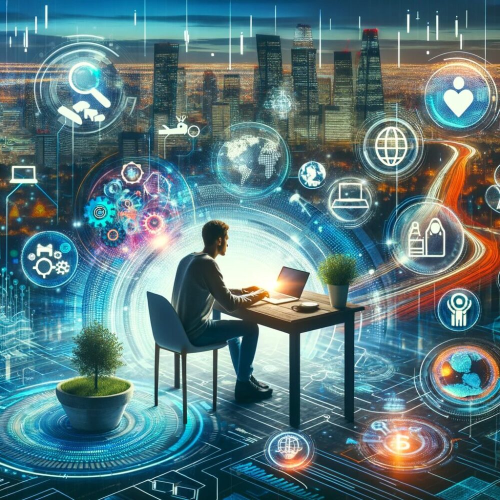 The generated image visually interprets the dynamic and evolving nature of the current job market. It showcases a person at a modern desk with a laptop, emphasizing the significance of remote work and digital transformation. Surrounding this central figure are symbols representing booming industries such as IT, data analysis, healthcare, and eco-technology. In the backdrop, a city skyline hints at urban job opportunities, contrasting with smaller elements indicative of regional industries, creating a vibrant and futuristic atmosphere that encapsulates the multitude of opportunities in today's job market.