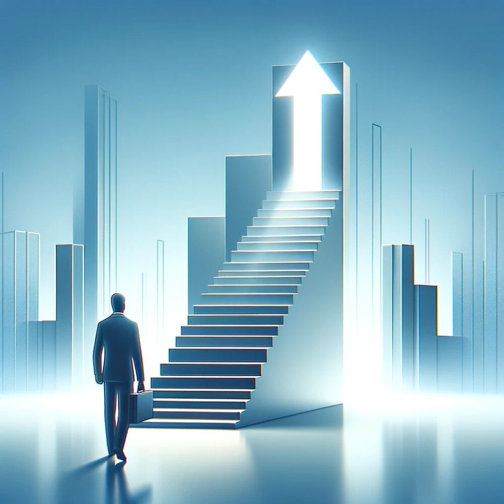 A minimalistic and professional image depicting the concept of career advancement through job change. The image should include a symbolic staircase le